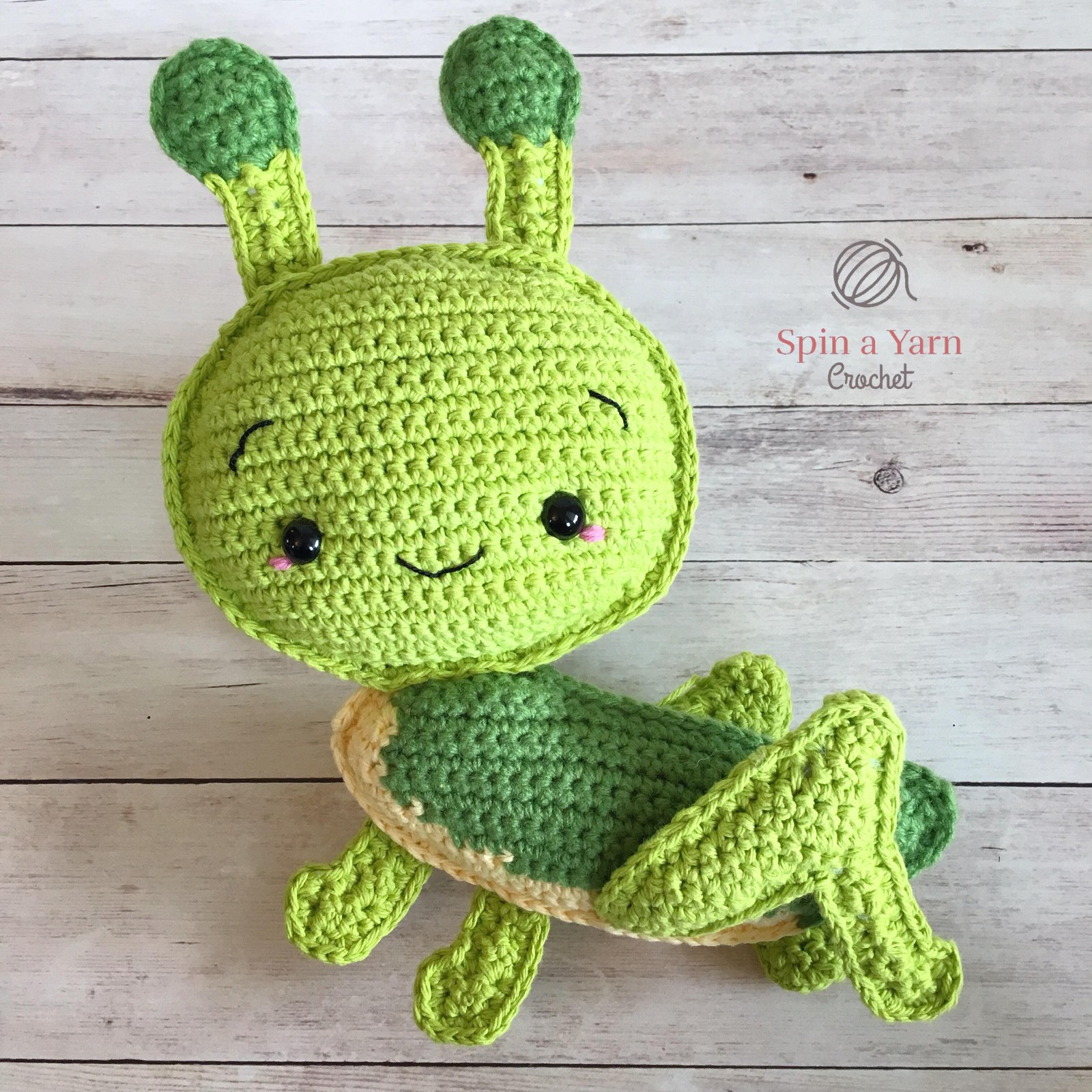 Completed crochet grasshopper