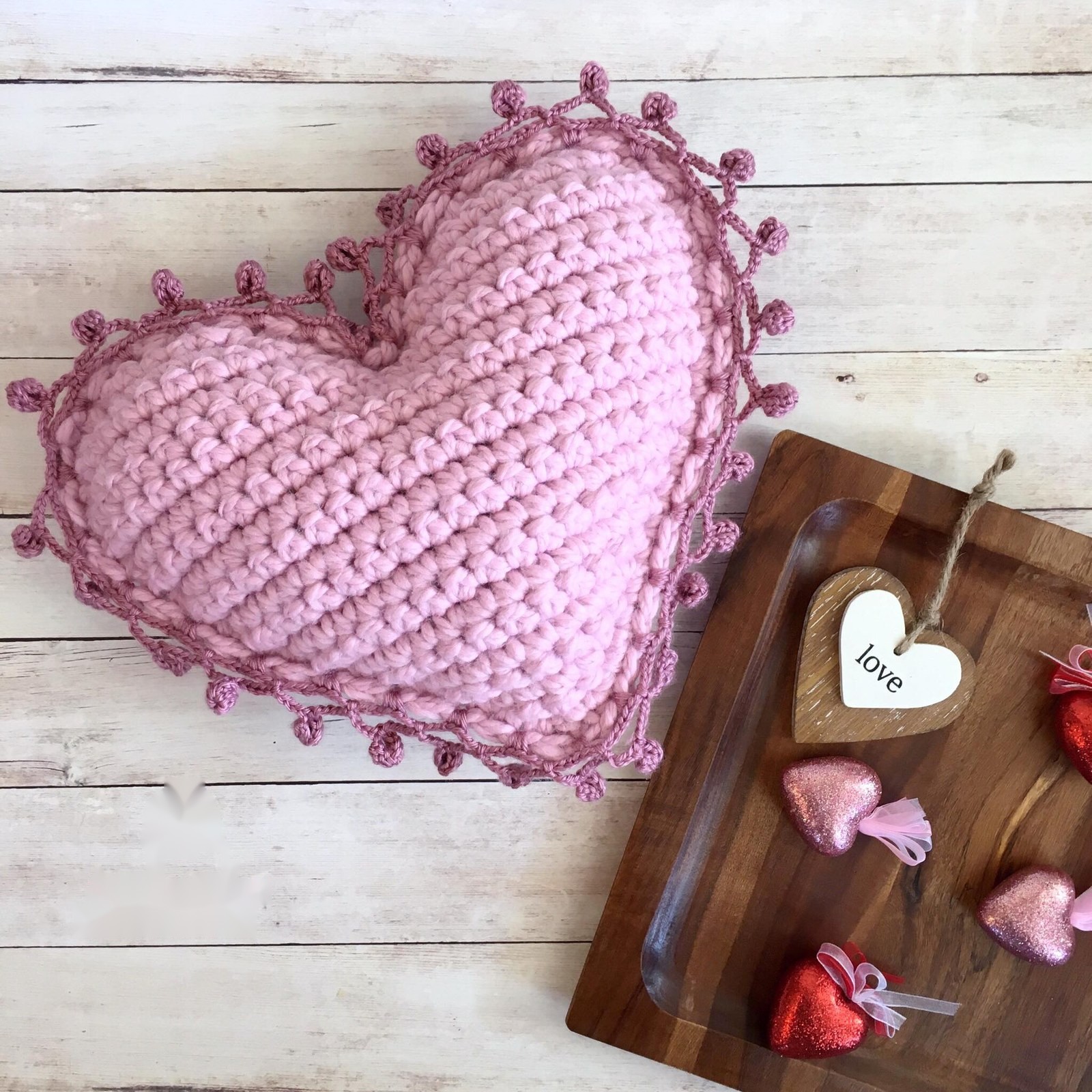 Handmade crochet Heart Pillow Free Crochet Pattern finished item