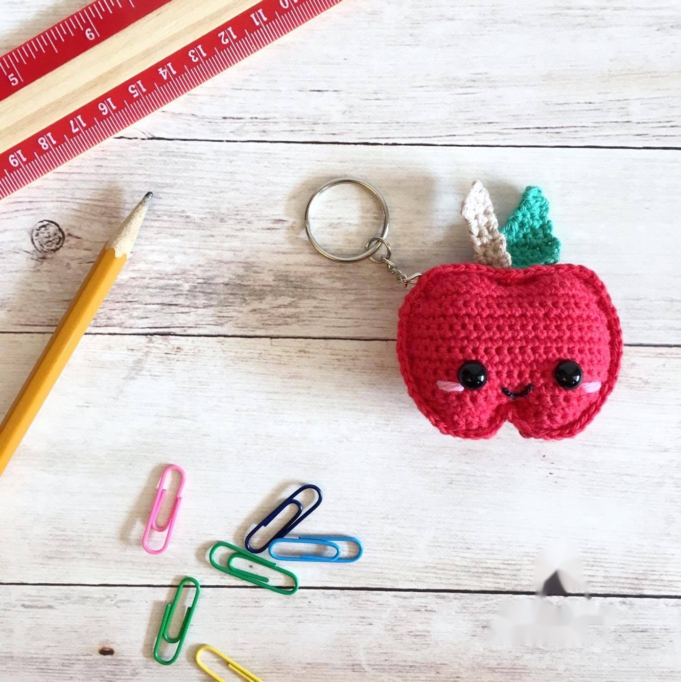 Handmade crochet Kawaii Apple Keychain Free Crochet Pattern finished item
