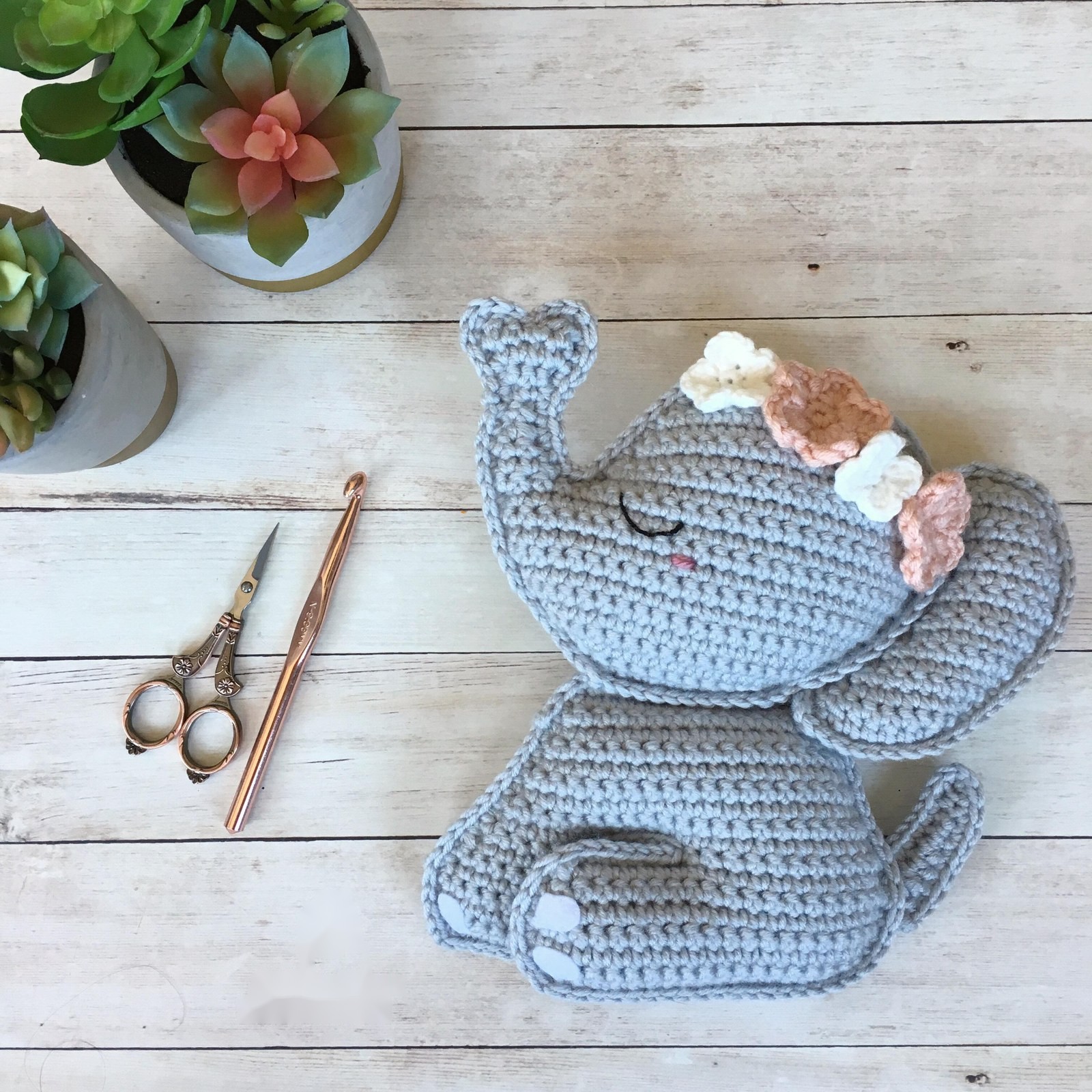 Crochet elephant with succlulents