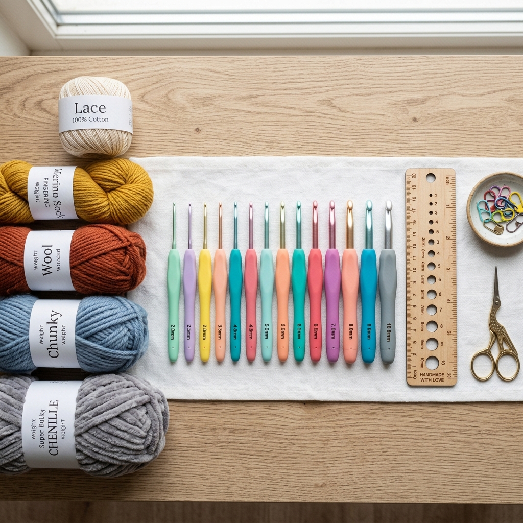 Artisanal flat lay of ergonomic wooden crochet hooks, measuring brass gauge ruler, and yarn skeins