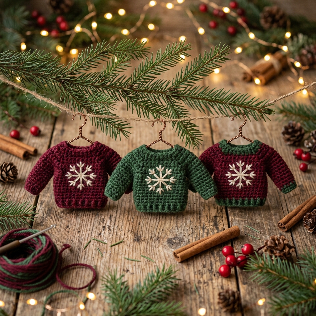 Miniature crochet sweater ornament hanging on Christmas tree branch with fairy lights