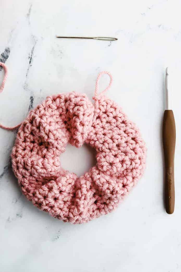 Trio of plush velvet crochet hair scrunchies in pastel pink and sage