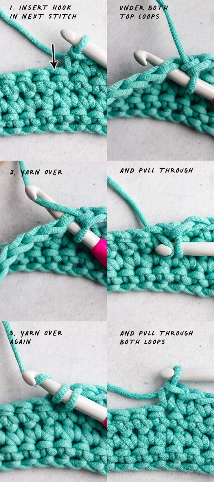 Finished single crochet swatch with clean straight edges flat on rustic wooden table