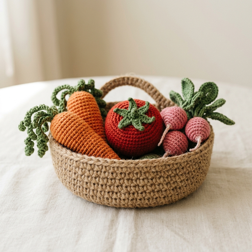 Rustic woven basket filled with colorful handmade crochet amigurumi carrots, tomatoes, and radishes